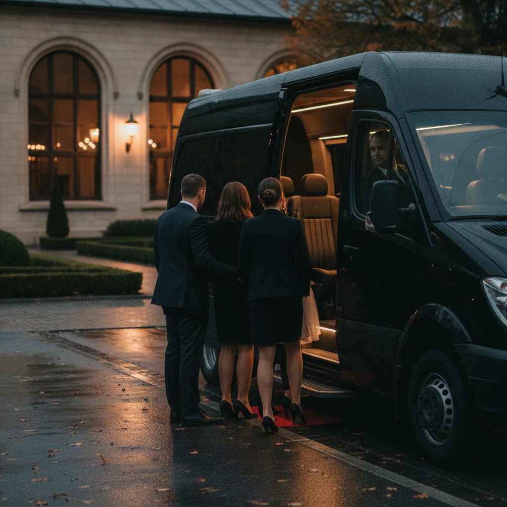 Create a realistic, professional service-business photograph showing Event Transportation Service from behind, with the backs of their heads visible. Do not show any faces, facial features, front-facing views or side views, profiles, or ide