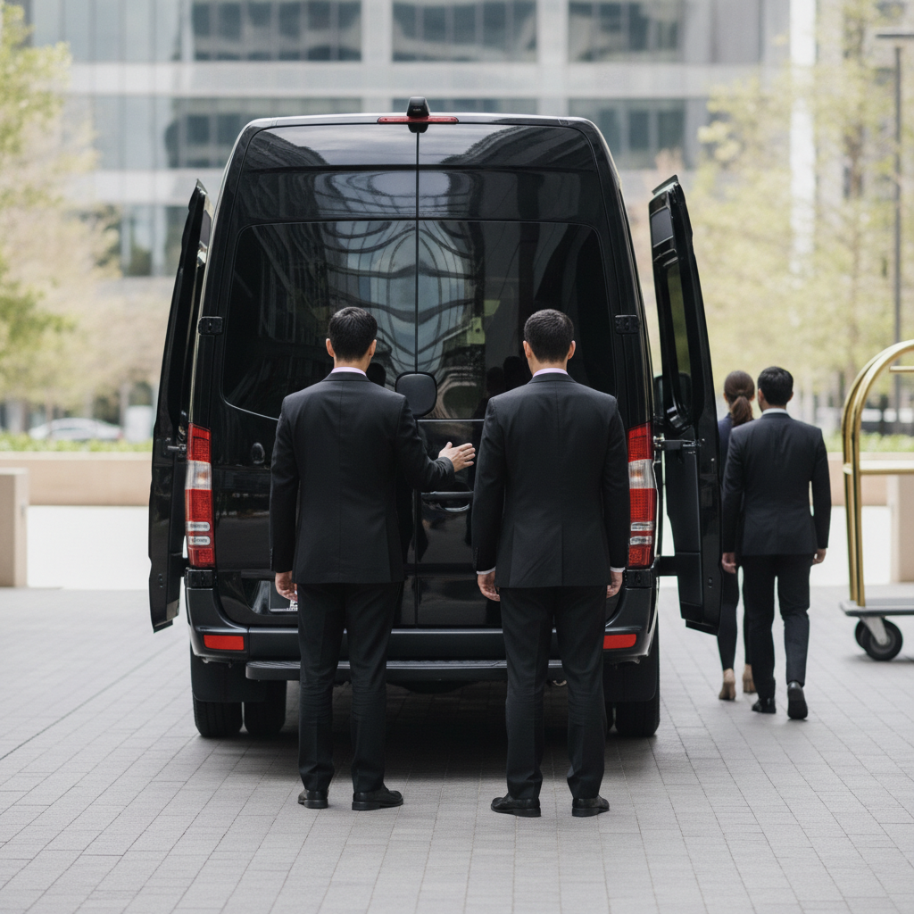 Create a realistic, professional service-business photograph showing Corporate Transportation Service from behind, with the backs of their heads visible. Do not show any faces, facial features, front-facing views or side views, profiles, or
