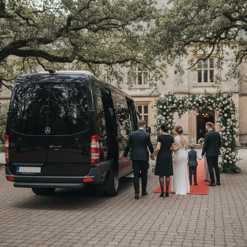 Create a realistic, professional service-business photograph showing Wedding Transportation Service from behind, with the backs of their heads visible. Do not show any faces, facial features, front-facing views or side views, profiles, or i
