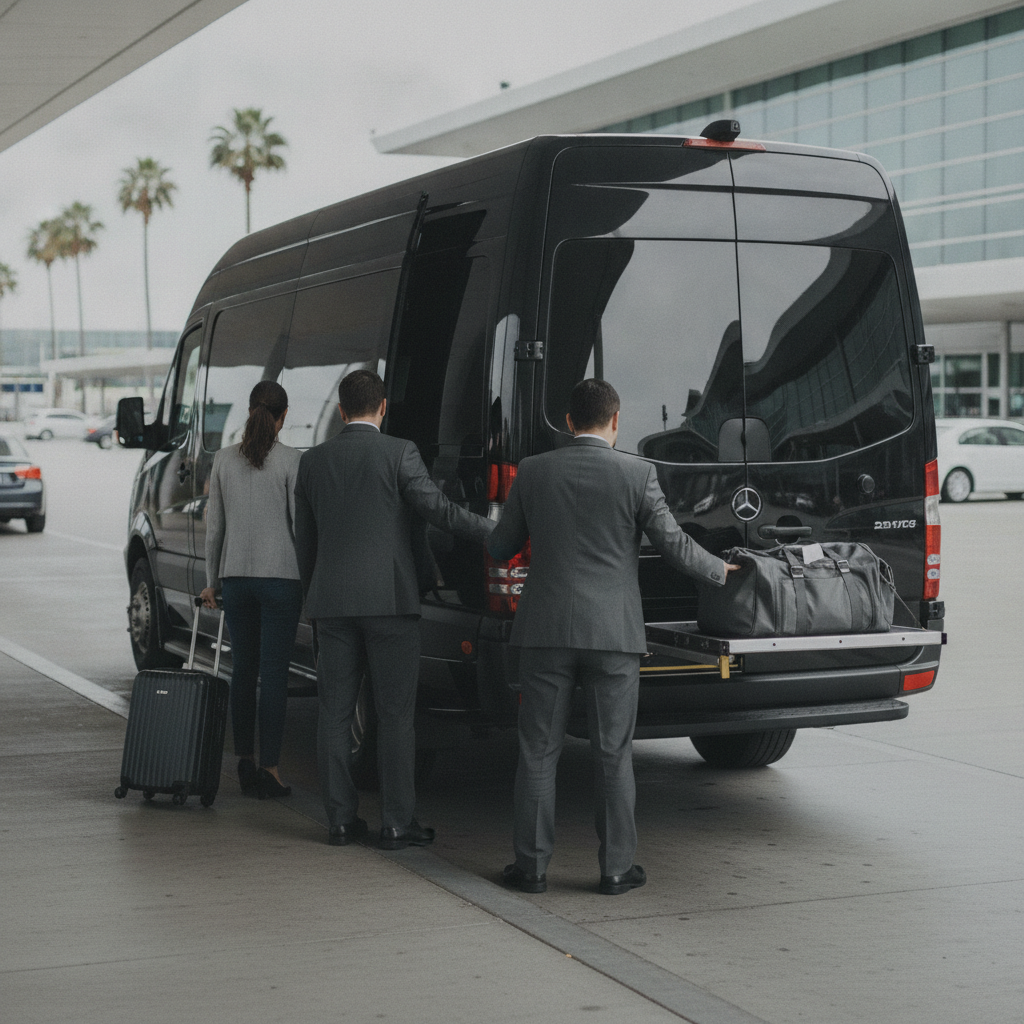 Create a realistic, professional service-business photograph showing Airport Transportation Service from behind, with the backs of their heads visible. Do not show any faces, facial features, front-facing views or side views, profiles, or i