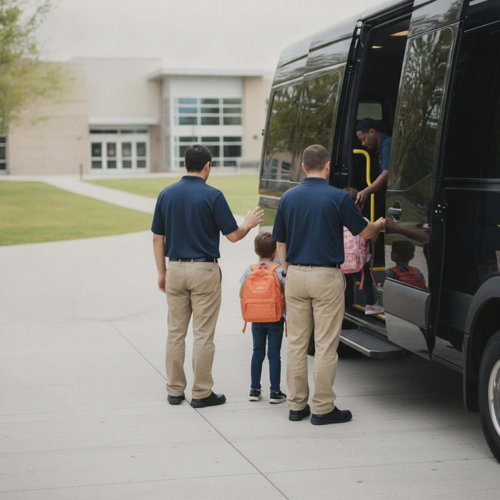 Create a realistic, professional service-business photograph showing School Transportation Service from behind, with the backs of their heads visible. Do not show any faces, facial features, front-facing views or side views, profiles, or id